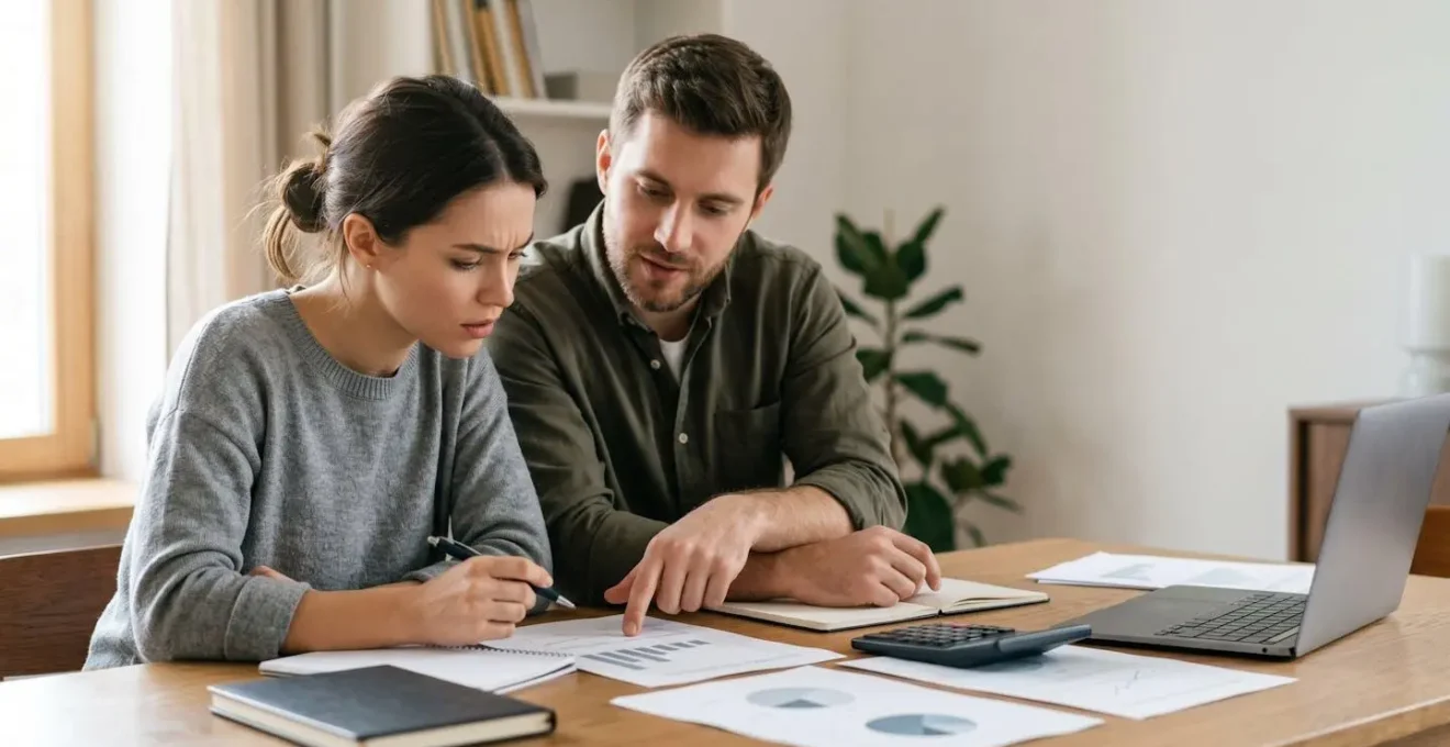 Couple examinant des documents financiers pour leur achat immobilier avec un cahier et une calculatrice