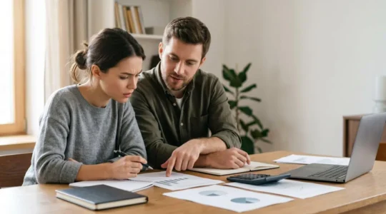 Couple examinant des documents financiers pour leur achat immobilier avec un cahier et une calculatrice