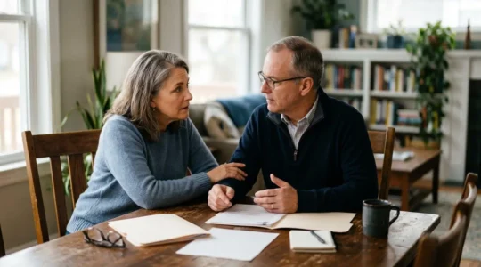 Couple mature consultant des documents patrimoniaux dans un environnement chaleureux
