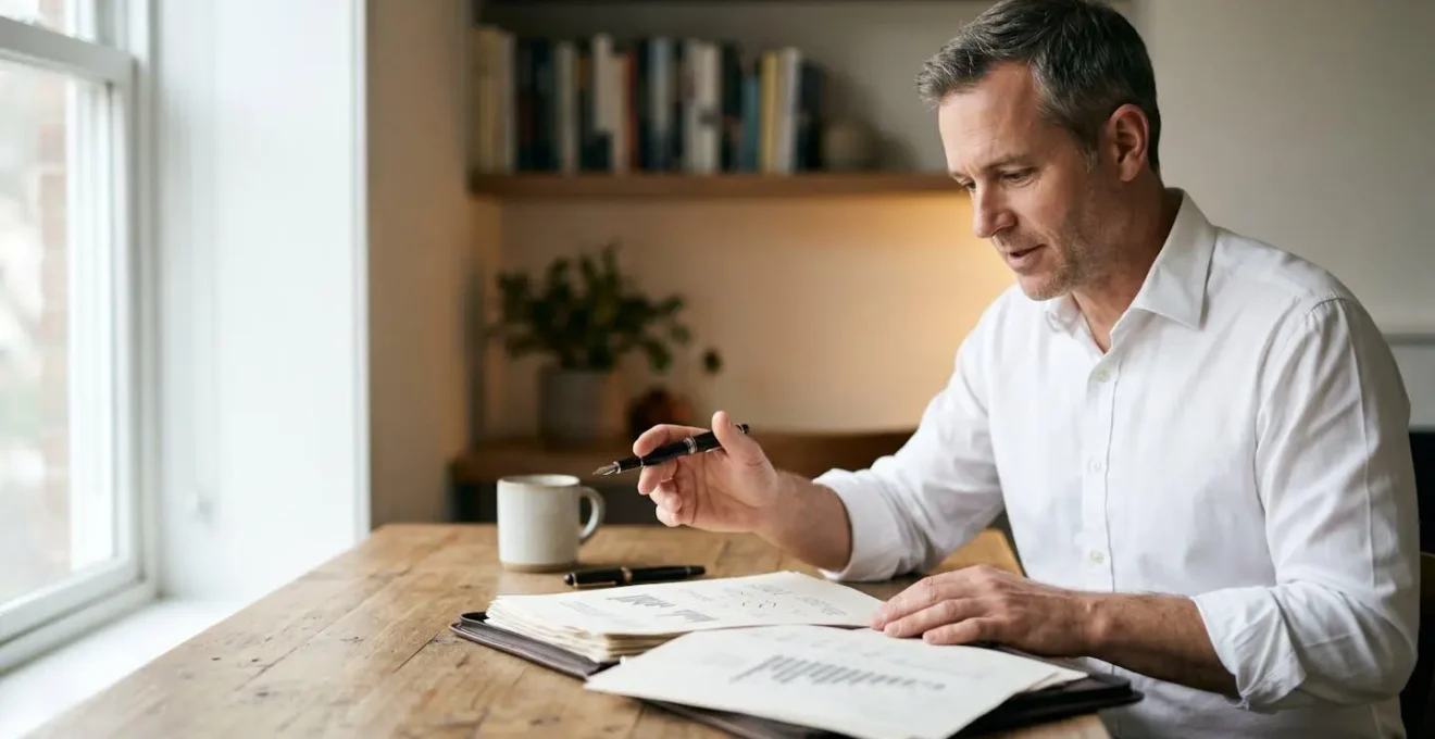 Expert en gestion de patrimoine analysant des documents financiers lors d'un audit patrimonial complet