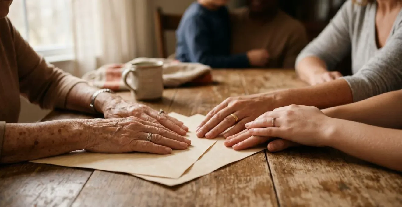 Famille multigénérationnelle réunie autour d'une table, symbolisant la transmission patrimoniale et la planification sereine de l'héritage