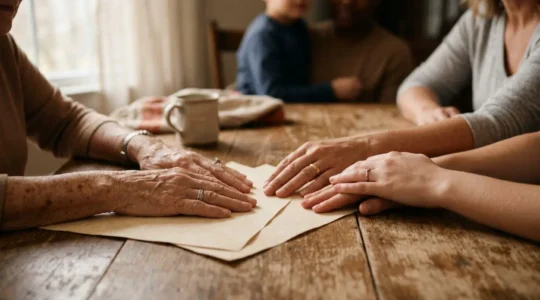 Famille multigénérationnelle réunie autour d'une table, symbolisant la transmission patrimoniale et la planification sereine de l'héritage