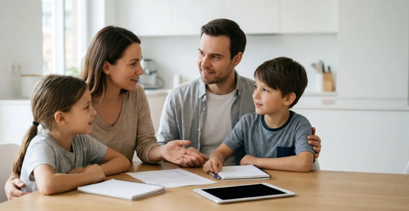 Famille sereine autour d'une table discutant de leur avenir financier avec des documents de prévoyance