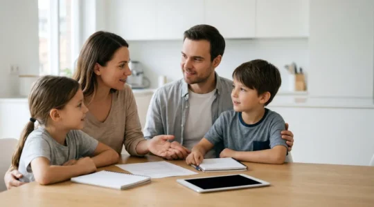 Famille sereine autour d'une table discutant de leur avenir financier avec des documents de prévoyance