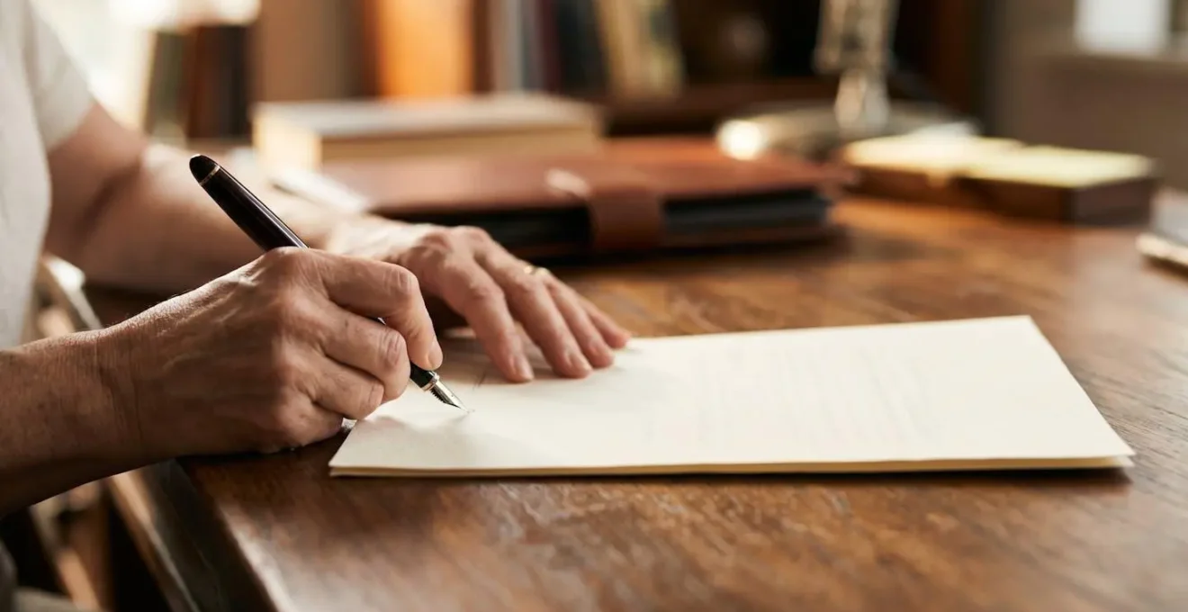 Mains d'une personne rédigeant un document important sur un bureau élégant