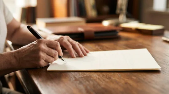 Mains d'une personne rédigeant un document important sur un bureau élégant