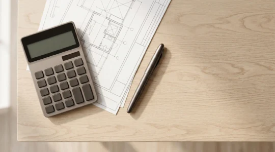 Scene symbolisant la strategie fiscale immobiliere avec documents et calculatrice pour optimisation revenus locatifs